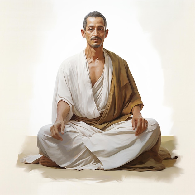 a man sitting on a floor with a white robe