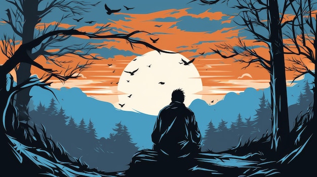 Man Sitting in Forest at Sunset