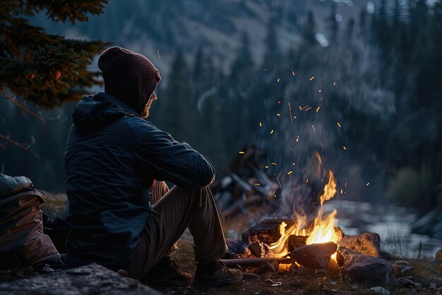 A man sitting in front of a campfire