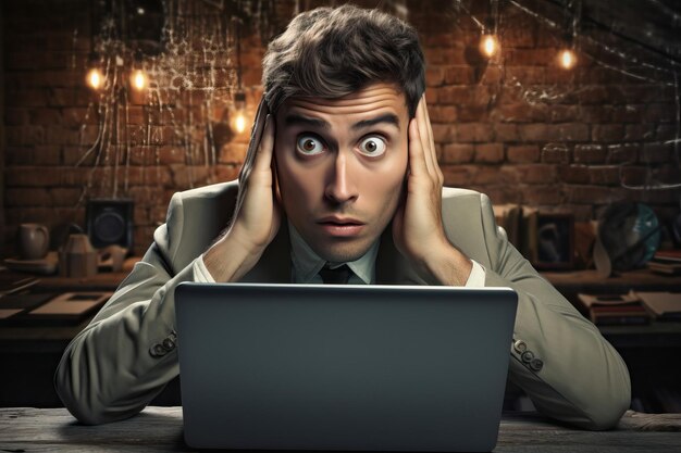 Photo man sitting in front of computer looking confused holding