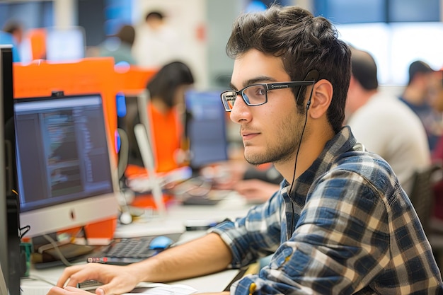 Foto un uomo seduto davanti a un monitor computerizzato