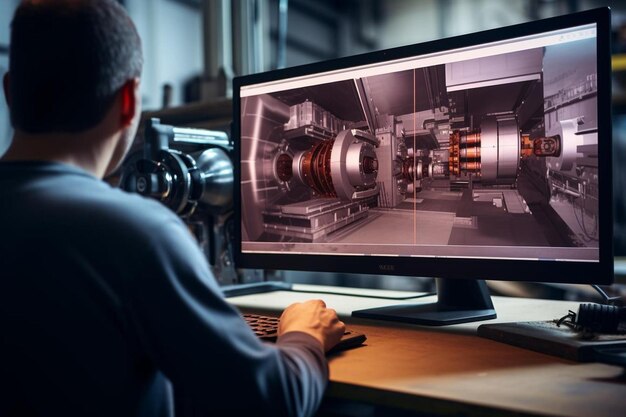 Foto un uomo seduto di fronte a un monitor computerizzato