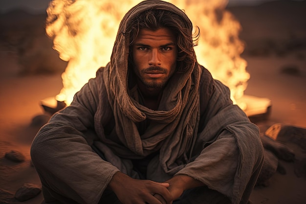 A man sitting in front of a fire