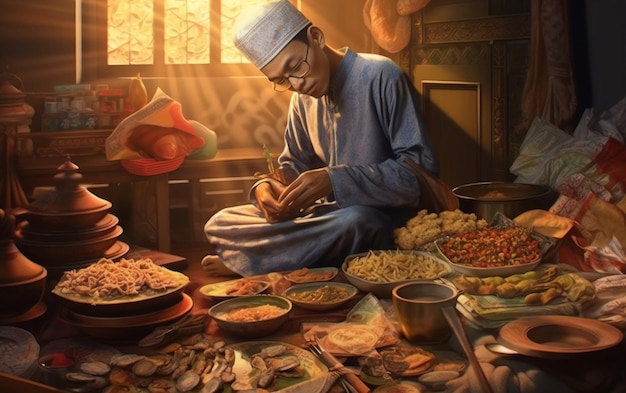 Man Sitting in Front of FoodLaden Table