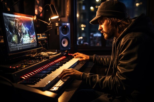 A man sitting in front of a keyboard in a recording studio