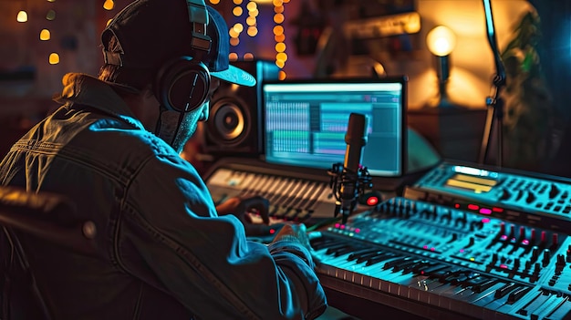 Man Sitting in Front of Mixing Desk Controlling Audio Equipment
