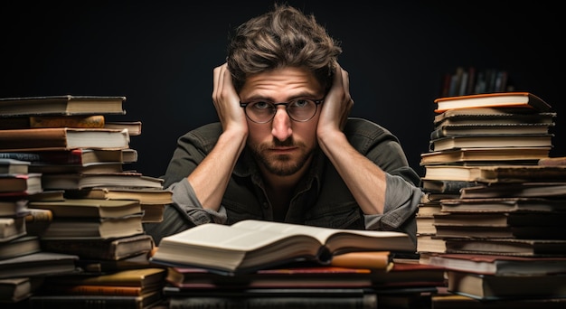 Photo a man sitting in front of a pile of books ai