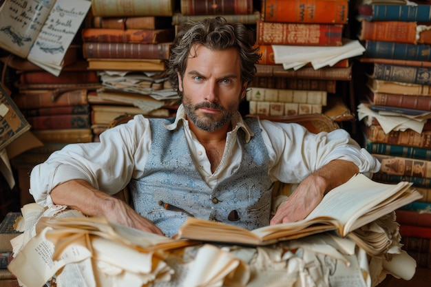 Man Sitting in Front of Pile of Books