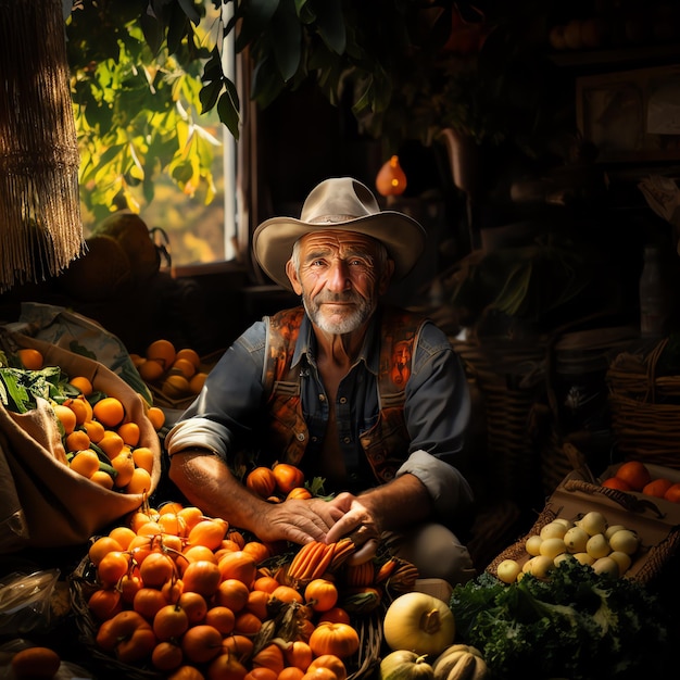 a man sitting in front of a pile of fruits