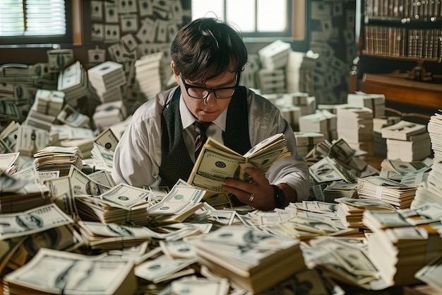 A man sitting in front of a pile of money