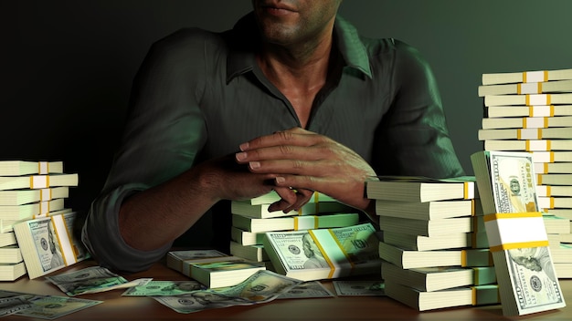 Photo man sitting in front of table full of stacks of us dollar notes over dark background