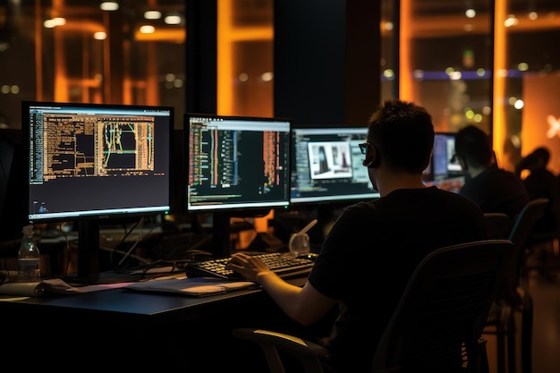 a man sitting in front of three computer monitors working on multiple tasks simultameously programmers working on software in office ai generated