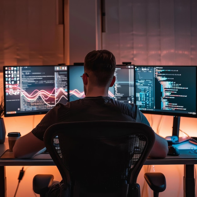 Man Sitting in Front of Three Computer Monitors
