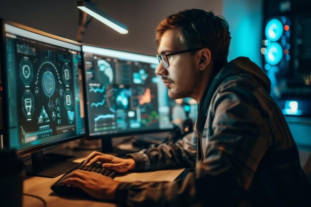a man sitting in front of two computer monitors designing a secure network architecture a security architect designing a secure network infrastructure