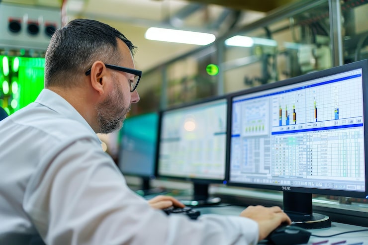 Photo a man sitting in front of two computer monitors working on custom reports using data an engineer creates custom reports using data from a scada system