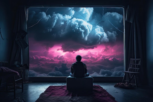 Man sitting in front of the window and looking at the night sky an emo album cover with synthwave elements of someone staring at a tv screen of grey clouds AI Generated