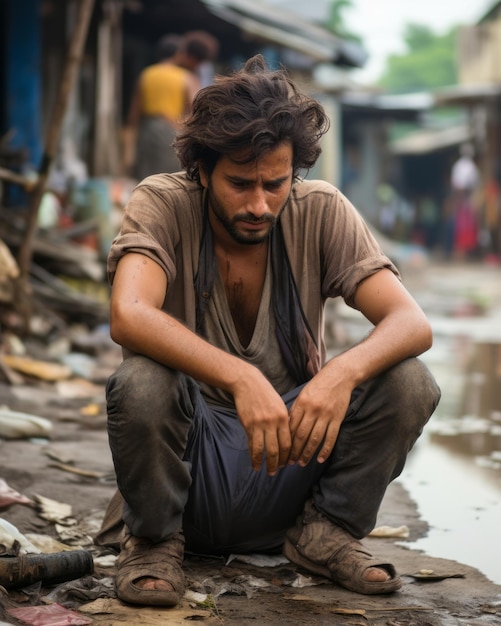 a man sitting on the ground in a dirty area