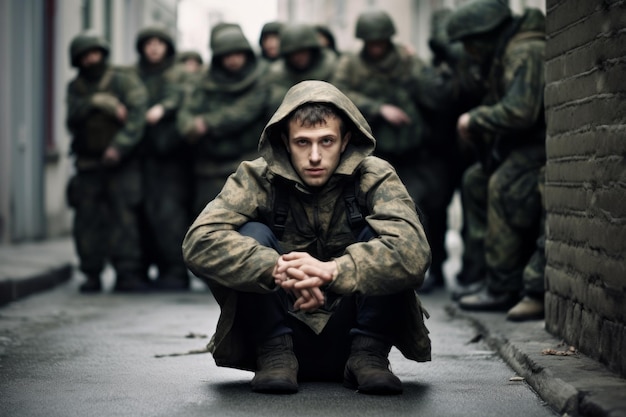 Man Sitting on Ground in Front of Soldiers