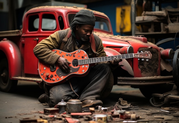 Photo man sitting on ground playing guitar