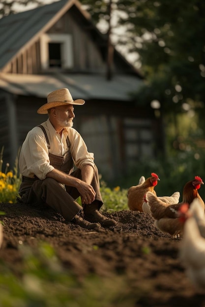 Photo a man sitting on the ground with chickens