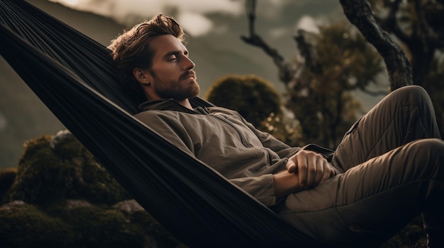 man Sitting in Hammock in the Mountains