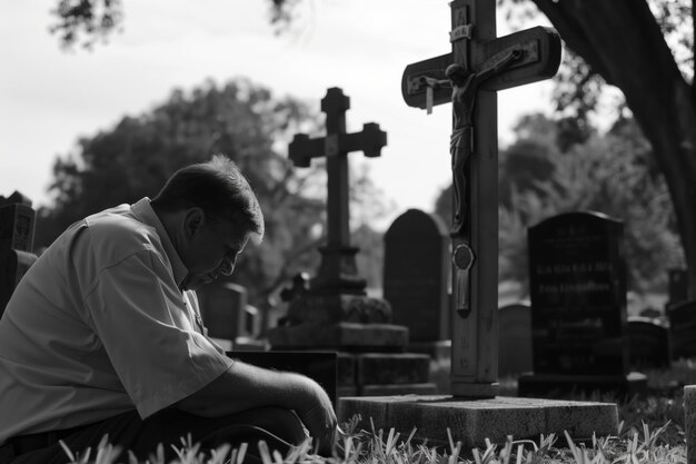 Man sitting head bowed near a cross at a gravesite