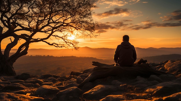 A man sitting on a hill and enjoying sunset moment