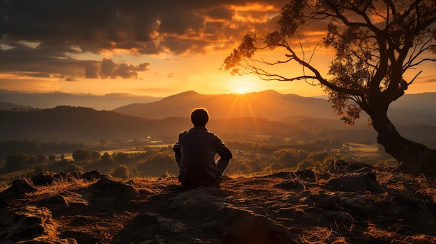 Человек, сидящий на холме и наслаждающийся заходом солнца.