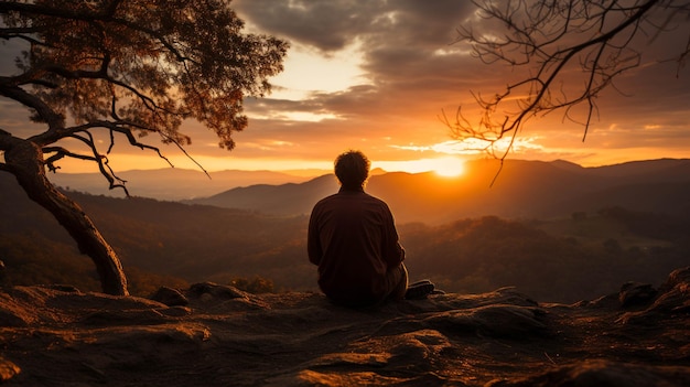 A man sitting on a hill and enjoying sunset moment