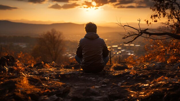 A man sitting on a hill and enjoying sunset moment