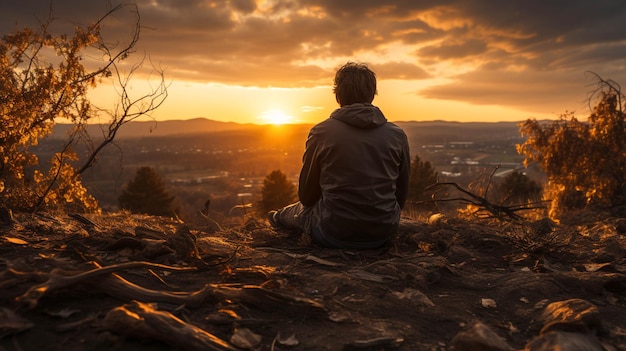 丘の上に座って日没の瞬間を楽しんでいる男