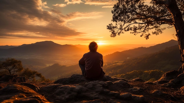 A man sitting on a hill and enjoying sunset moment