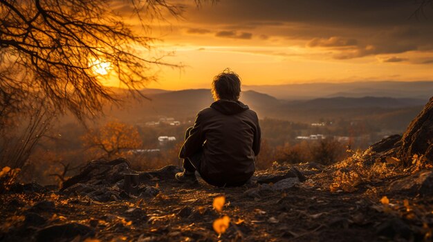 丘の上に座って日没の瞬間を楽しんでいる男