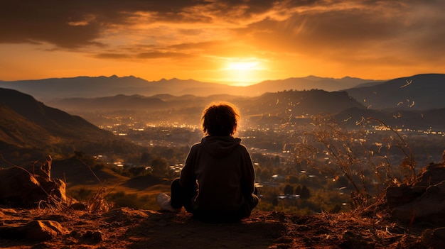 A man sitting on a hill and enjoying sunset moment