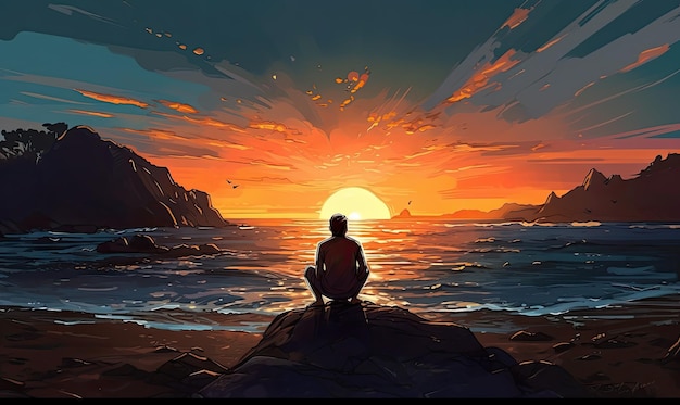 A man sitting on a hill looking at the sunset