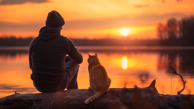 Man sitting next to his cat at sunset