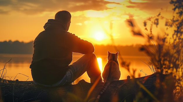 Man sitting next to his cat at sunset