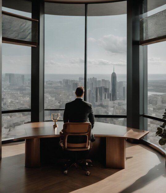 A man sitting in his study looking at a tall building