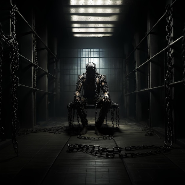 Человек, сидящий в тюремной камере со стулом, созданным