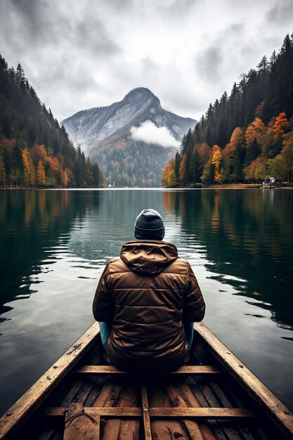 Man sitting on the jetty admiring the beauty of lake konigssee