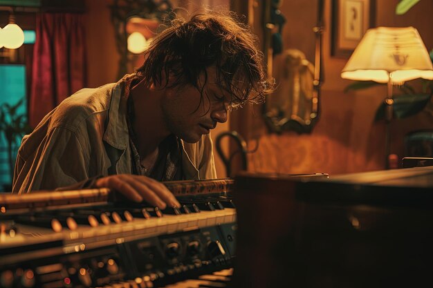 A man sitting at a keyboard in front of a lamp