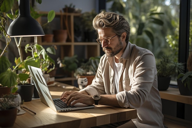 Photo man sitting on laptop in a room