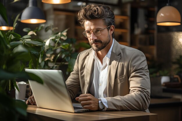 Photo man sitting on laptop in a room