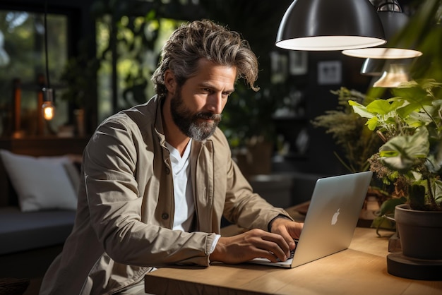 Photo man sitting on laptop in a room