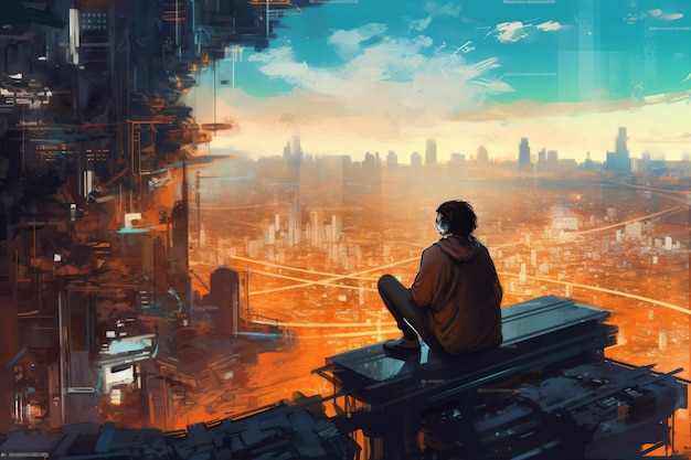 a man sitting on a ledge looking at a city