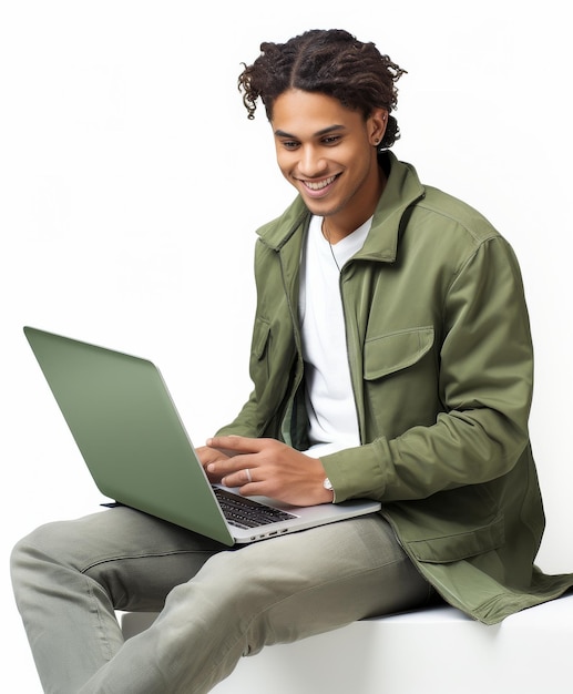 Man Sitting on Ledge Using Laptop