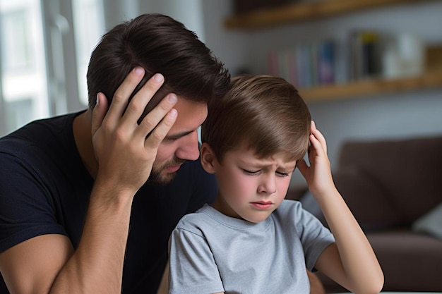 テーブルで小さな男の子の隣に座っている男性