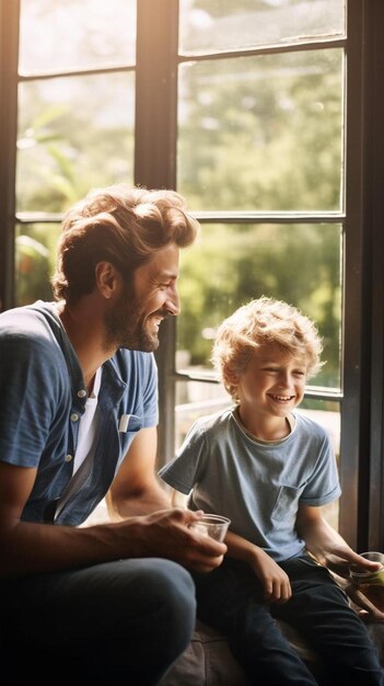 a man sitting next to a little boy on a window sill