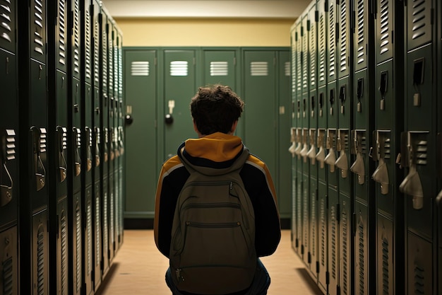 a man sitting in a locker room with a backpack on his back.