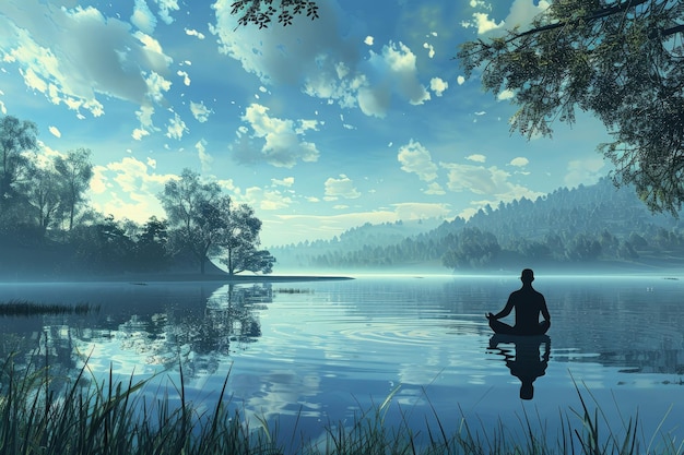 A man sitting in a lotus position on a lake